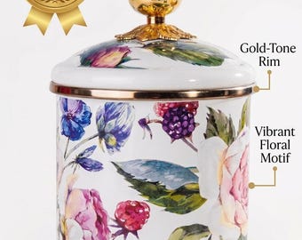 Enamel Canister with Gold Rose Knob, Floral Pattern Kitchen Storage Jar, Vintage Botanical Counter Canister, 12cm Home Decor Container