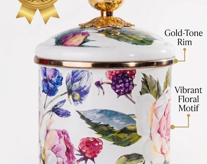 Enamel Canister with Gold Rose Knob, Floral Pattern Kitchen Storage Jar, Vintage Botanical Counter Canister, 12cm Home Decor Container