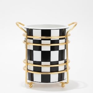 Black White Checkered Ceramic Utensil Holder | Gold Stand Kitchen Caddy