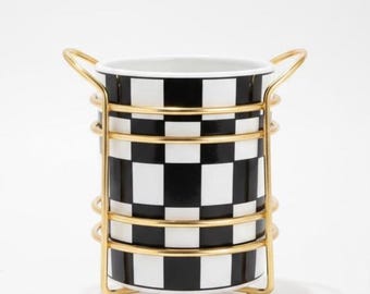 Soporte de cerámica a cuadros blancos y negros / Soporte dorado para utensilios de cocina 15 x 11 cm
