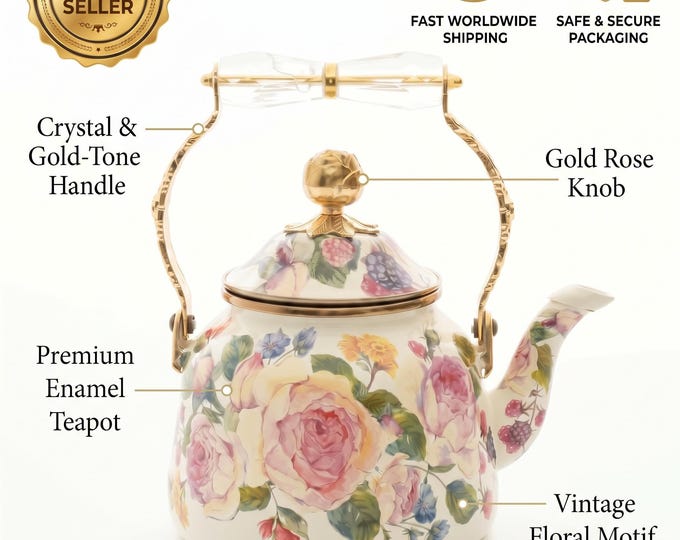 Pink Rose Enamel Kettle, Watercolor Floral Pattern, Glass Handle, 2.6L (Enamel on Steel)