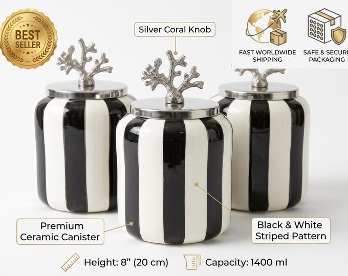 Black and White Striped Ceramic Canister Set, Coral Branch Lids, Kitchen Storage Jars