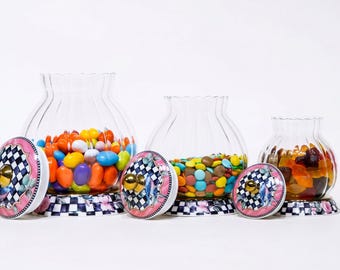 Set of 3 Ribbed Glass Canisters | Black White Checkered Pink Floral Lids