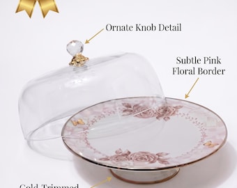 Enamel Steel Cake Stand with Plexiglass Dome, Pink Rose Butterfly Decor (30cm)