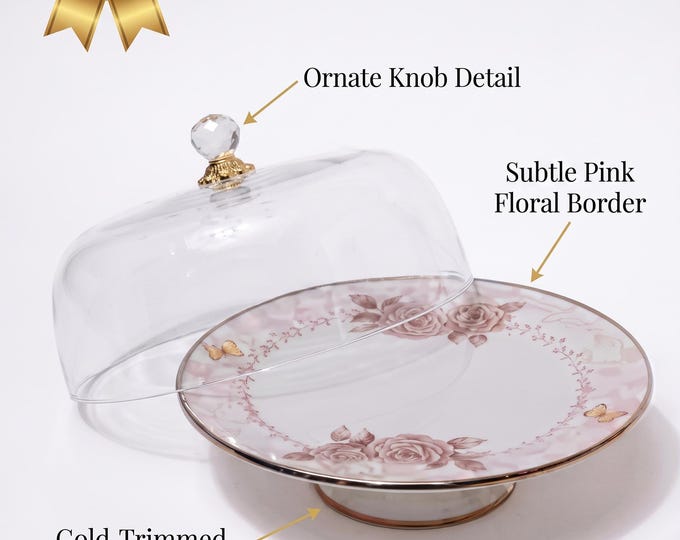 Enamel Steel Cake Stand with Plexiglass Dome, Pink Rose Butterfly Decor (30cm)