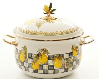 Lemon Enamel Pot, Checkered Citrus Design, Gold Trim, 3.5L Cookware with Lid
