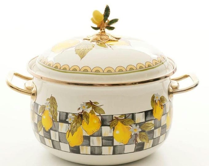 Lemon Enamel Pot, Checkered Citrus Design, Gold Trim, 3.5L Cookware with Lid