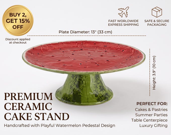 Watermelon Design Ceramic Cake Stand, 33cm Fruit Serving Plate, Red and Green Glossy Summer Tableware, Kitchen Centerpiece, Party Decor