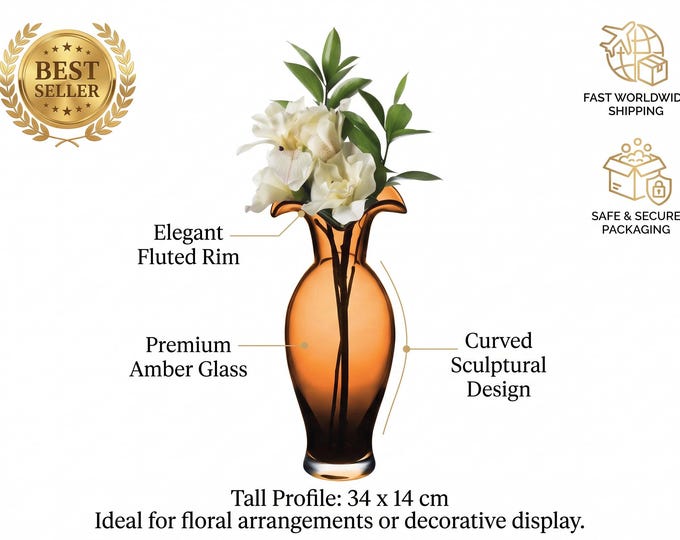 Amber Glass Vase 34x14 cm Ombre Finish with Scalloped Rim, Tall Elegant Flower Vase, Home Decor, Vintage Style Art Glass Vase, Gold Amber