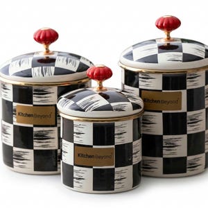 Ensemble de bidons en émail à carreaux, bocaux de rangement de cuisine noir blanc, boutons rouges (3 pièces)