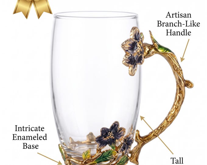Clear Glass Mug with Ornate Gold Floral Handle, Black Green Enamel Accents (400ml)