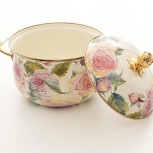 Floral Enamel Pot | Shabby Chic Pink Rose Dutch Oven, French Country Kitchen Decor