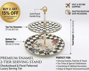 Victoria Enamel 2-Tier Cookie Stand, Floral Checkerboard Design (30cm)