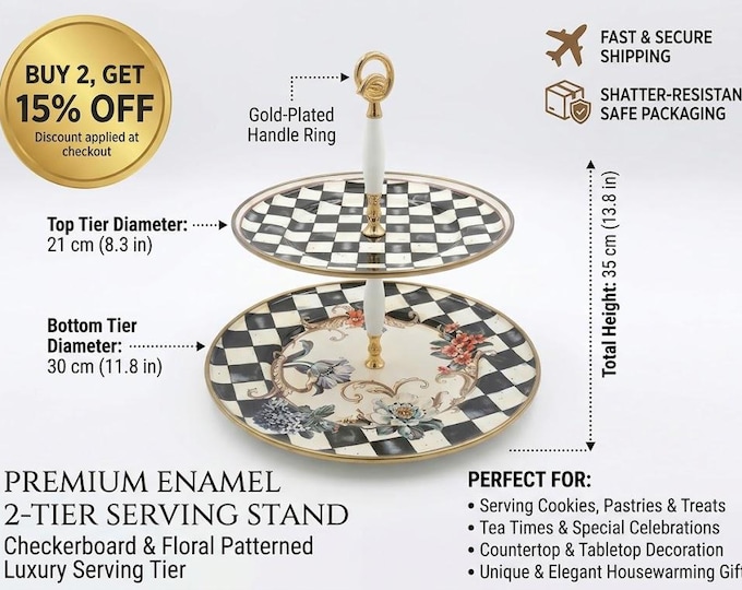 Victoria Enamel 2-Tier Cookie Stand, Floral Checkerboard Design (30cm)