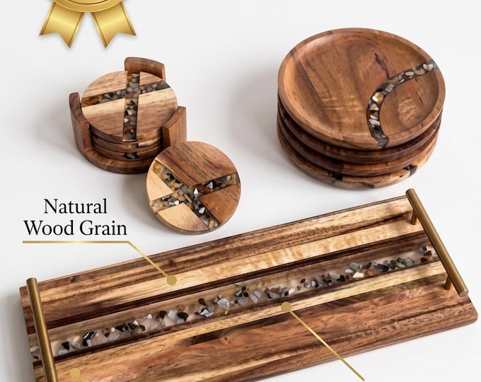 Resin Wood Coaster Set, Acacia Serving Platter with Plates | Rustic Table Decor, Epoxy Resin Wood, Kitchen & Dining Gift, Boho Home Decor