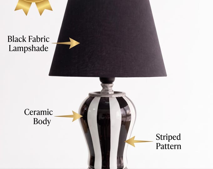 Glossy Ceramic Striped Table Lamp, Black Shade, Modern Desk Light (E27 Socket)
