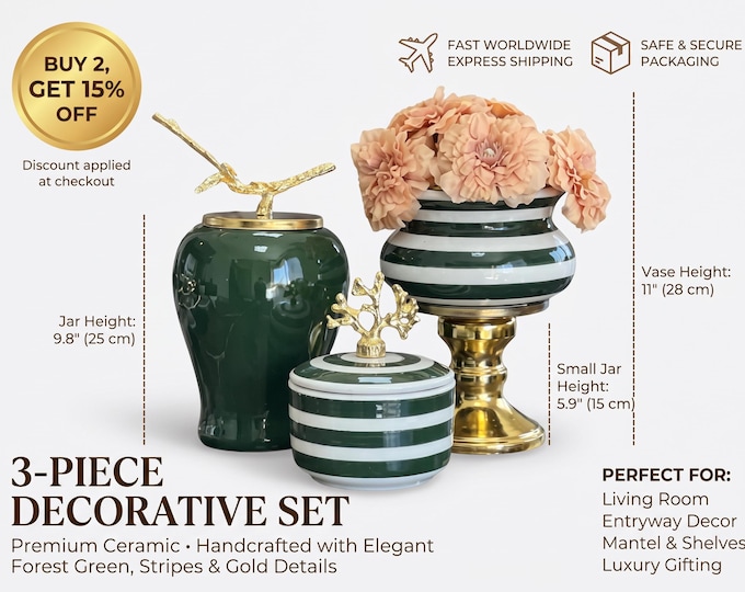 Green and White Striped Ceramic Decor Set | Gold Accents, Modern Living Room Display