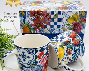 Mediterranean Floral Porcelain Mug Set, Blue Tile Pattern, Gift Boxed (2-Piece)