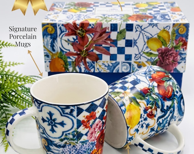 Mediterranean Floral Porcelain Mug Set, Blue Tile Pattern, Gift Boxed (2-Piece)