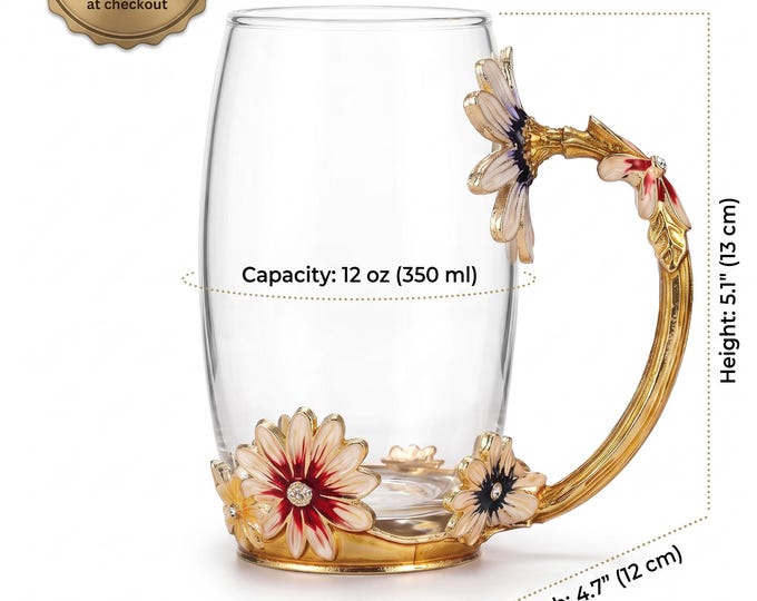 Decorative Glass Mug, Floral Handle, Gold Accents, Enamel Tea Cup (400ml)