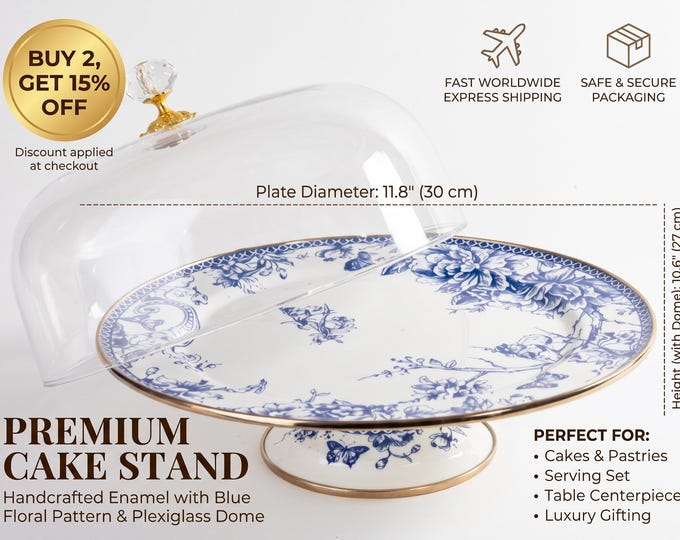 Covered Cake Stand with Plexiglass Dome, Blue and White Chinoiserie Floral Enamel Pedestal, Gold Rim, 30 cm Dessert Display Plate