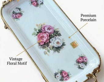Porcelain Floral Serving Tray | Pink Rose & White Flowers, Antique Brass Handles, Vintage Rectangular Vanity Display, Shabby Chic Gift