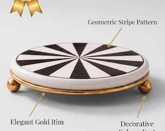 Ceramic Trivet Sunburst Black and White | Round Heat-Resistant Hot Pad with Gold Footed Base | Kitchen Counter Protector, Modern Style