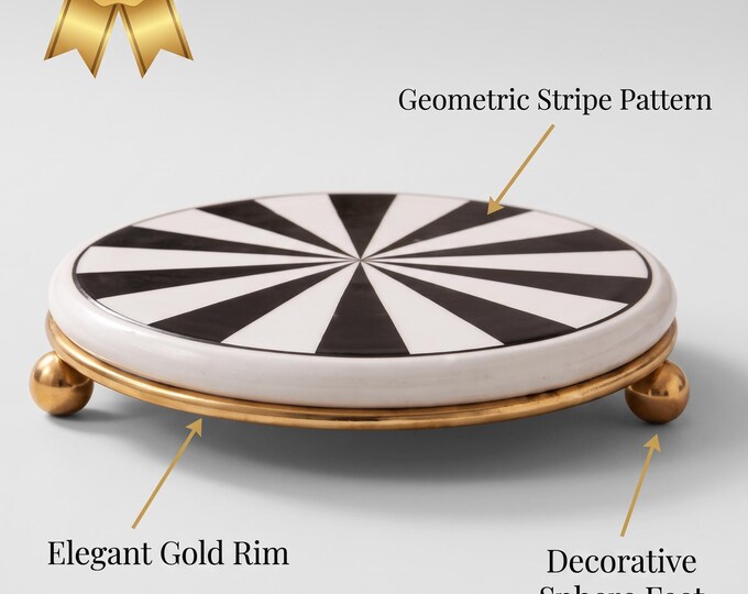 Ceramic Trivet Sunburst Black and White | Round Heat-Resistant Hot Pad with Gold Footed Base | Kitchen Counter Protector, Modern Style