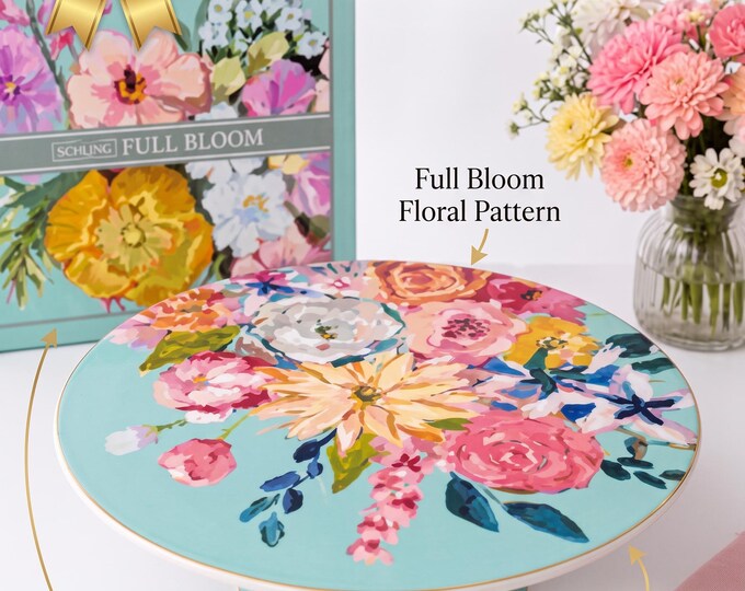 Floral Cake Stand, Turquoise Porcelain Pedestal with Gold Trim, Full Bloom Botanical Dessert Plate, Hand Painted Floral Serving Tray