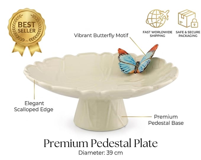 Ceramic cake stand with butterfly detail, 39cm leaf pedestal, scalloped dessert tray, white footed stand, spring serveware