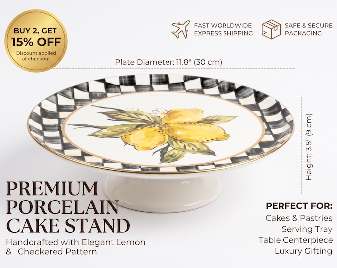 Lemon Cake Stand, 30 cm Porcelain Pedestal with Checkered Border, Floral Citrus Motif, Gold Trim, Footed Serving Plate