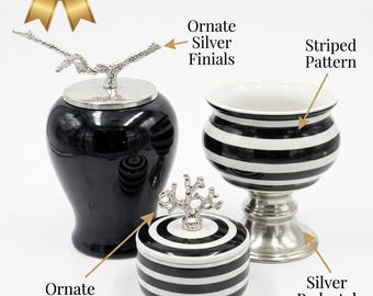 Black and White Striped Ceramic Decor Set, Silver Accents, Modern Tabletop Centerpiece