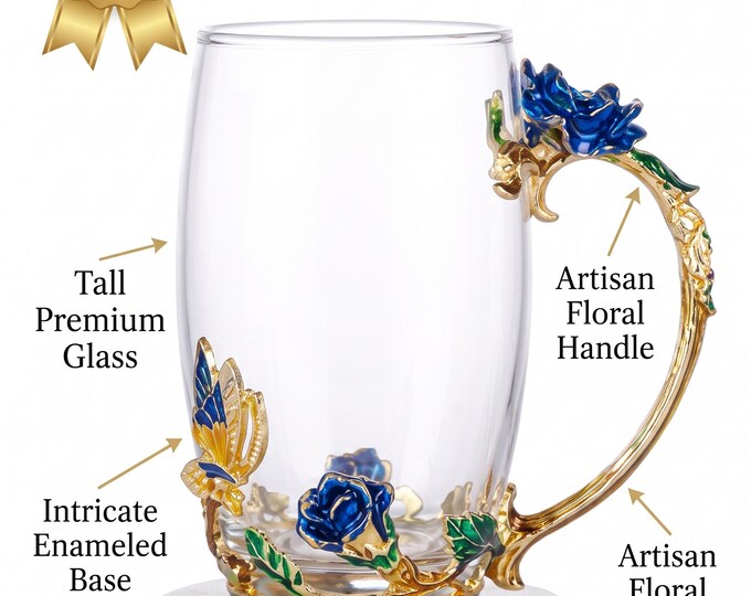Vintage Glass Tea Mug, Gold Enamel Floral Handle, Blue Accents (400ml)