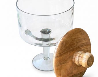 Ciotola da portata in vetro con piedistallo e coperchio in legno / Supporto decorativo con piedistallo