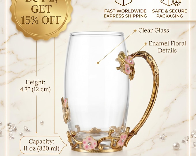 Floral Glass Mug, Gold Handle, Pink Enamel Flowers, Decorative Tea Cup (400ml)
