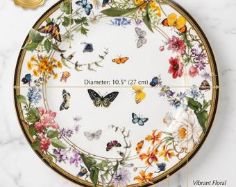 Porcelain Plate Set | Six 27cm Butterfly Floral Dinnerware with Gold Accents | Botanical, Kitchen Decor for Everyday & Special Occasions