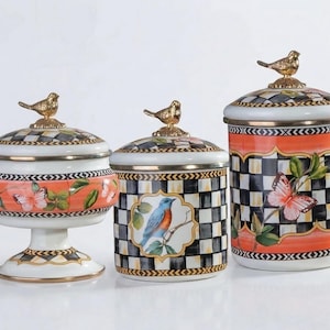 Speelse emaille voorraadpotten set, geruite vogel- en vlindermotieven, keukenvoorraadpotten