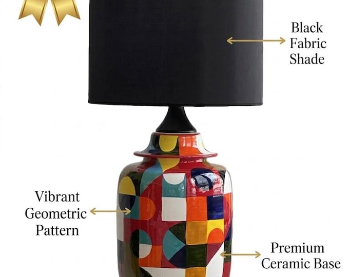 Ceramic Table Lamp with Colorful Geometric Base, Handmade Modern Decor, Black Lampshade, Accent Lighting for Living Room, Bedroom, Office