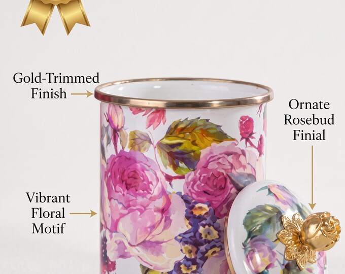 Enamel Canister with Gold Rose Knob, Floral Storage Jar, Watercolor Rose Pattern, Kitchen Counter Decor, Vintage Enamelware, 15 cm