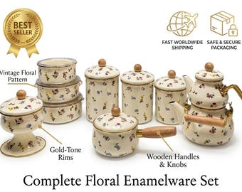 Floral enamel kitchenware set | Vintage floral teapot, canisters, bowls, gold accents, retro kitchen decor, food storage jars