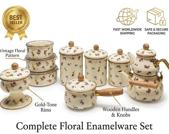 Floral enamel kitchenware set | Vintage floral teapot, canisters, bowls, gold accents, retro kitchen decor, food storage jars