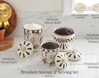 Enamel Canister Set with Floral Design | Kitchen Storage Jars for Tea Coffee Sugar | Vintage Enamelware with Black Accents and Purple Flower
