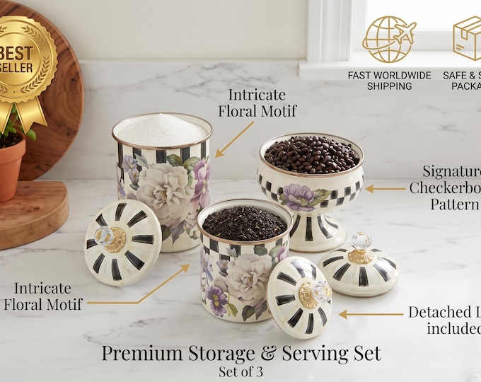 Enamel Canister Set with Floral Design | Kitchen Storage Jars for Tea Coffee Sugar | Vintage Enamelware with Black Accents and Purple Flower