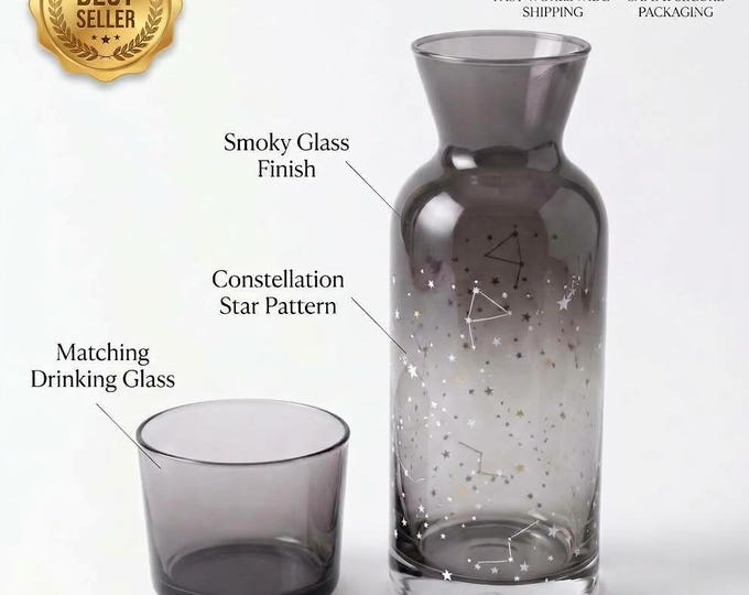 Smoky Grey Glass Water Carafe Set | Star Constellation Pattern (700ml)