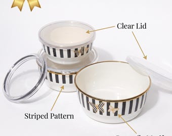 Enamel Nesting Bowls, Black White Stripes, Butterfly Motif, Gold Accents, Transparent Lids