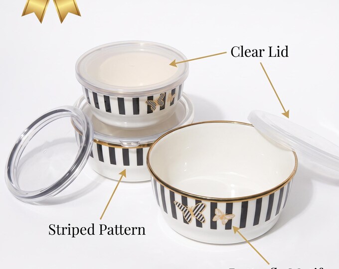 Enamel Nesting Bowls, Black White Stripes, Butterfly Motif, Gold Accents, Transparent Lids
