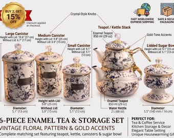 Enamel Kitchen Set with Gold Accents, Black and White Floral Design | Tea & Storage Jars, Botanical Tea Set, Kitchen Decor | Free Shipping