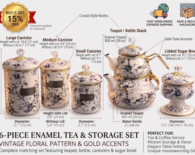 Enamel Kitchen Set with Gold Accents, Black and White Floral Design | Tea & Storage Jars, Botanical Tea Set, Kitchen Decor | Free Shipping