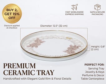 Enamel Tea Tray, 32 cm White Pink Gold Floral Decorative Serving Tray, Tea Table Decor, Gold Rim, Kitchen & Gift Idea