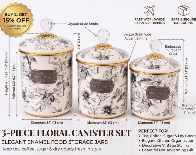 Three-Piece Enamel Canister Set | Grey Botanical Floral Design, French Country Kitchen Storage